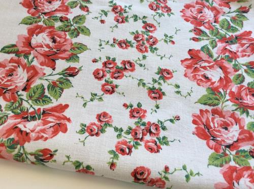 Vintage Pink Red Roses Cotton Toweling Fabric
